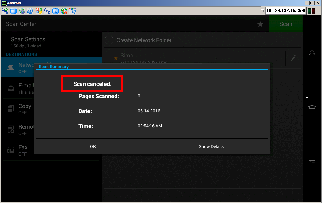 Scan Center App ? Email Set with Limit Destination Fails to Send